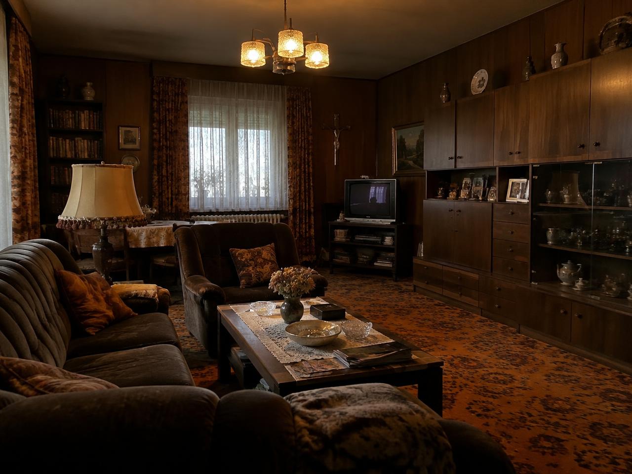 Dunkles Wohnzimmer aus den 1970er-Jahren mit Holzvertäfelung und braunem Teppich